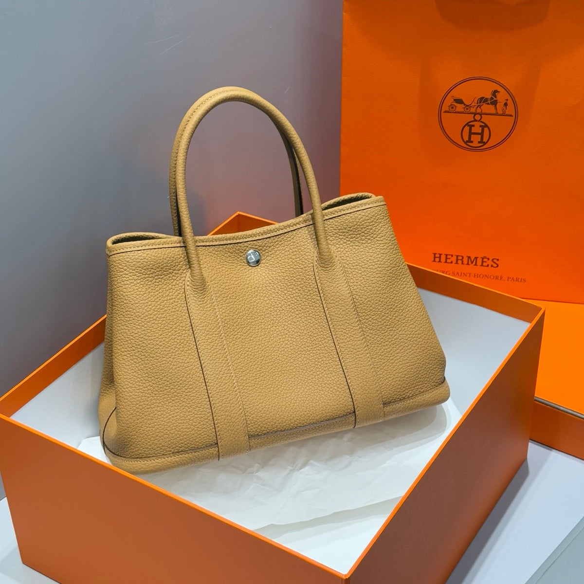 HERMES 25S GARDEN PARTY 30 IN CARAMEL CALFSKIN