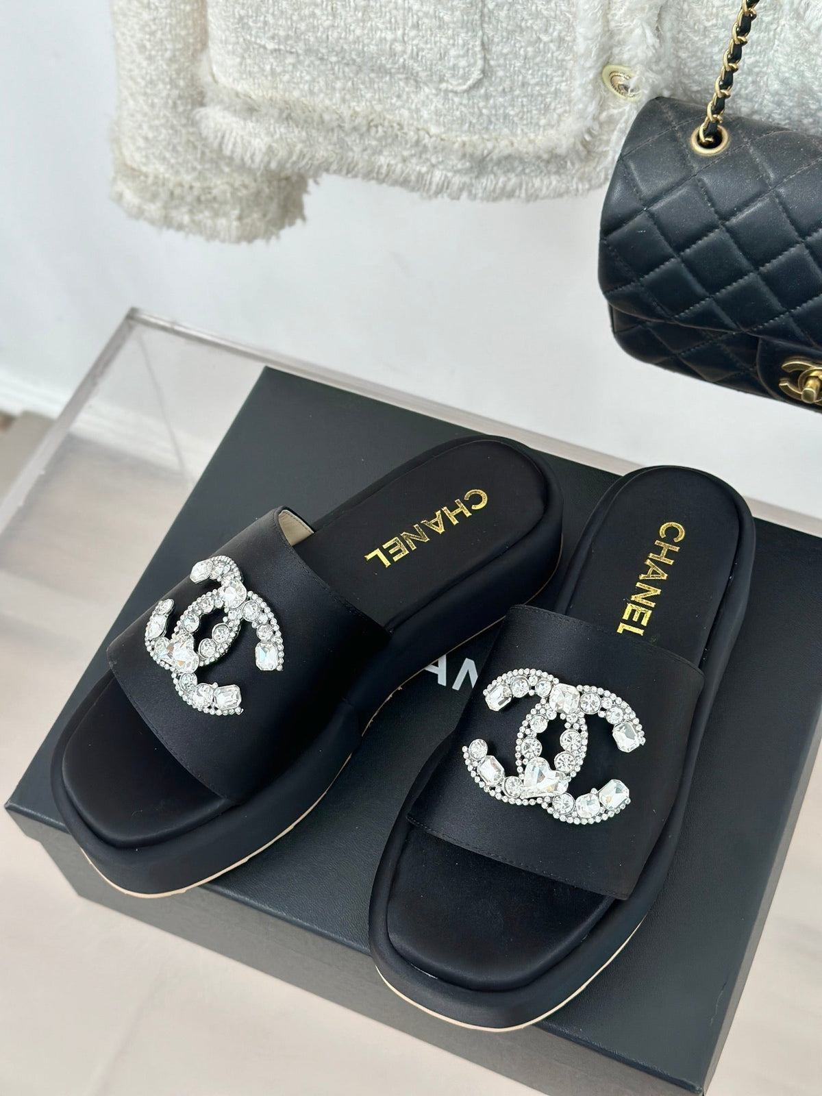 CHANEL SLIPPERS THICK SOLE IN BLACK SATIN